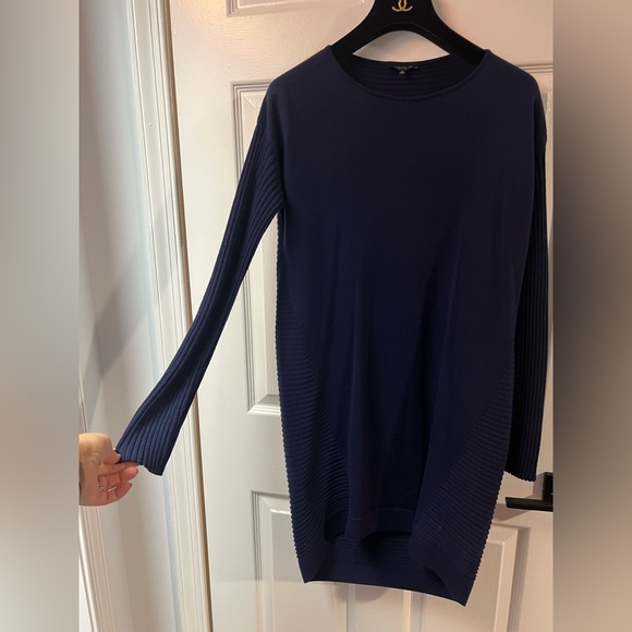 Lafayette 148 New York size S Navy Blue Ribbed Back Shift LS Sweater Dress EUC - Picture 2 of 7